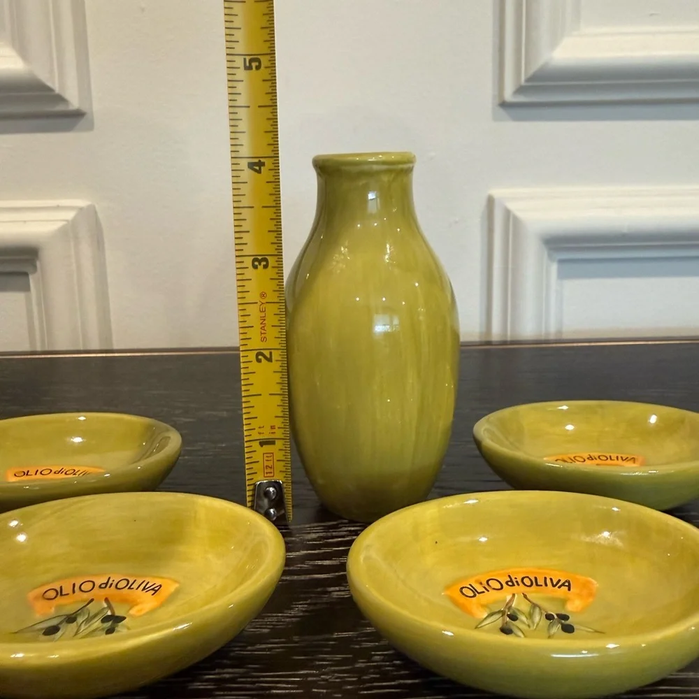 Vintage 5 pc Cruet Bottle Jar Olio Olive Oil Dipping Dish Set Ceramic Glazed - Picture 5 of 6